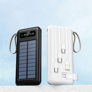 Lanyard Design Comes with mobile phone holder 2USB Output 1 to 4 output charging cable 20000 mah Solar power bank